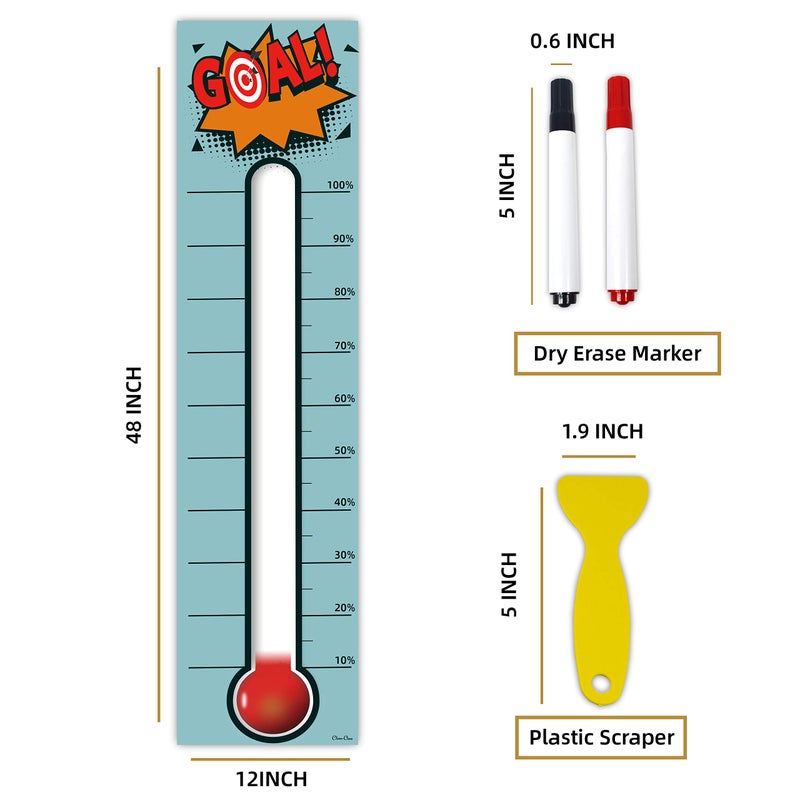 Clever Clean Goal Thermometer Chart Goal Tracker - 48"x12" Adhesive Dry Erase Fundraising Thermometer Sticker - Image 2